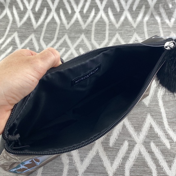 Nordstrom Cosmetic Pouch with Pom Pom & Mirror/Halo Front Black & Metallic - Picture 4 of 4